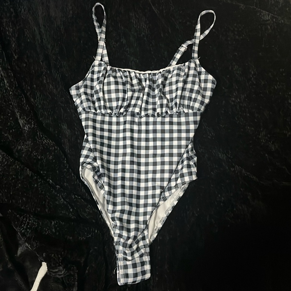 One piece bathing suit. Checkered grey and white and blue. size medium